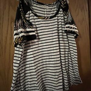 Maurices Black and White Striped Tee with Patterned Sleeves